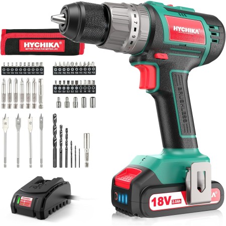 Taladro Atornillador Brushless 18V, HYCHIKA Taladro Percutor, Batería 2.0Ah con 60Nm, 53 Accesorios, 21+3 Ajustes, Cargador