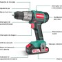 Taladro Atornillador Brushless 18V, HYCHIKA Taladro Percutor, Batería 2.0Ah con 60Nm, 53 Accesorios, 21+3 Ajustes, Cargador