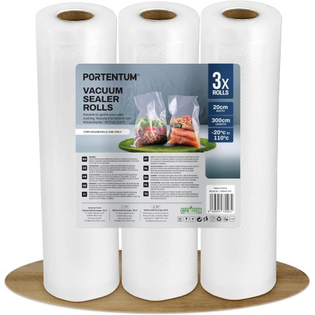PORTENTUM Bolsas vacio alimentos - 3 Rollos envasadora al vacío de 20cm, largo total 900cm. Bolsas envasar al vacio alimentos.