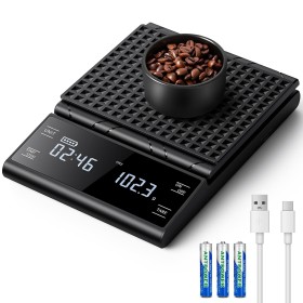 BKXCHA Báscula de Café Digital con Temporizador, Recargable Báscula de Espresso de Precisión 5 kg/0,1 g, con Pantalla LCD y