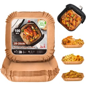 KitchenBoss Papel Para Freidora de Aire 100 Piezas: Papel Air Fryer Cuadrado 20-24CM, Desechable Antiadherente Impermeable a