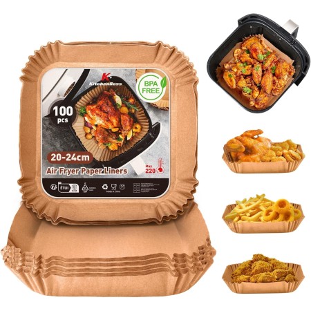 KitchenBoss Papel Para Freidora de Aire 100 Piezas: Papel Air Fryer Cuadrado 20-24CM, Desechable Antiadherente Impermeable a