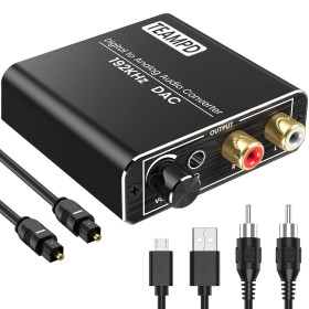 192KHz Convertidor Digital a Analógico con Volumen Ajustable, DAC Audio Óptico Coaxial Toslink SPDIF a Audio Estéreo RCA L/R y