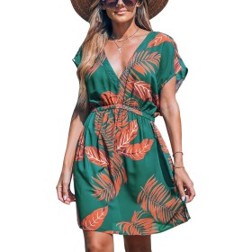 CUPSHE Vestido, Cuello en V, Cintura elástica, Juego de Tapa de Manga Corta, Vestido de Longitud Media. para Mujer