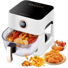 Freidora de aire caliente 5L, 1300W Freidora de aire con ventana de visión de 360°, control de tiempo y tempertura, pantalla