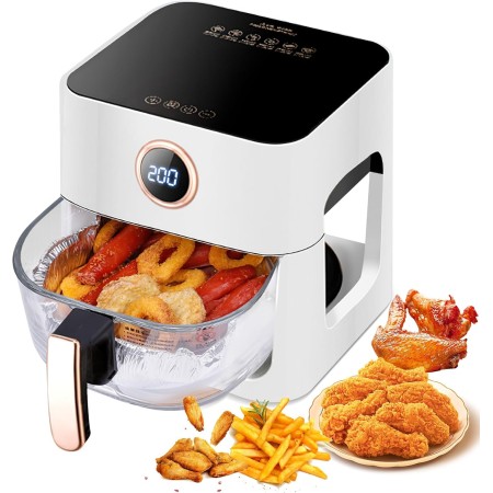 Freidora de aire caliente 5L, 1300W Freidora de aire con ventana de visión de 360°, control de tiempo y tempertura, pantalla