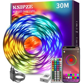 KSIPZE Luces Led Habitacion 30 Metros, Tira Led RGB Control de IR Remoto y Bluethooth App, luz led adhesiva Sincronización de