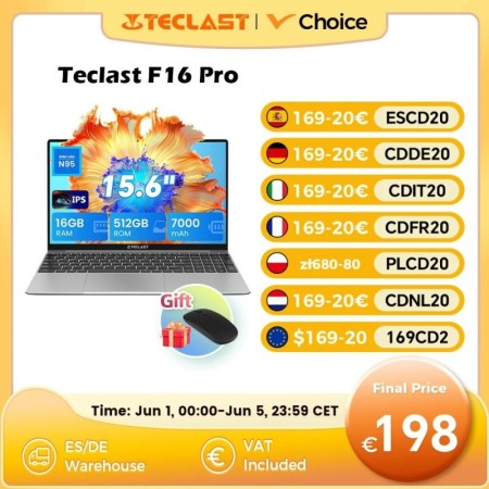 Teclast F16 Pro Portátil, Windows 11 Pro, CPU Intel N95, 16GB RAM, 512