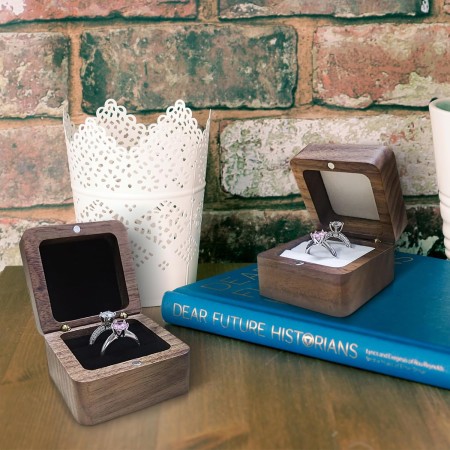 WisePoint Caja Anillo de Madera, Caja Anillo Compromiso Mini de Doble Ranura, Joyero Pequeño Cuadrada de Anillo, Elegante y
