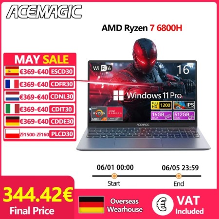 Portátil ACEMAGIC RX16 AMD Ryzen 7 6800H de 16,1" ultradelgado, 4400 m