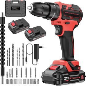 Brushless Taladro Percutor a Bateria 21V, Taladro Atornillador Electrico, Taladro Percutor Bateria Con 2×2.0Ah Baterías, 25+3