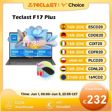 Teclast F17Plus laptop de 17.3 pulgadas, 16 GB de RAM 512GB SSD, Intel