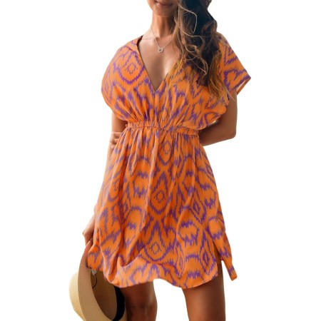 CUPSHE Vestido, Cuello en V, Cintura elástica, Juego de Tapa de Manga Corta, Vestido de Longitud Media. para Mujer