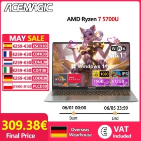 Portátil para juegos ACEMAGIC con AMD Ryzen 7 5700U superior a i7-1265