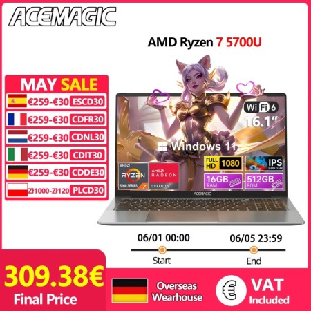 Portátil para juegos ACEMAGIC con AMD Ryzen 7 5700U superior a i7-1265