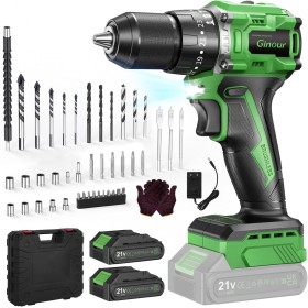 Ginour Taladro Percutor a Bateria sin escobillas, 21V Atornillador con 2x2Ah Baterías compatible con Makita 18V, 50Nm, 47