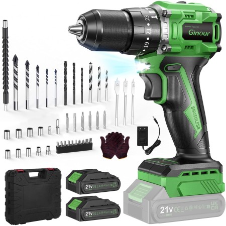 Ginour Taladro Percutor a Bateria sin escobillas, 21V Atornillador con 2x2Ah Baterías compatible con Makita 18V, 50Nm, 47