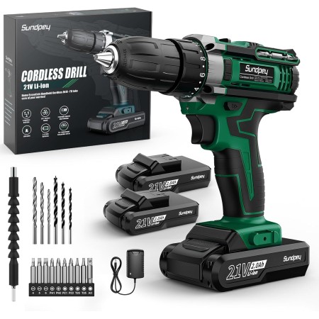Sundpey Taladro Atornillador Bateria 21V - Atornillador Electrico con 2x2.0Ah Baterías, Taladro Bateria 45N.m Max, 18+1 Ajuste