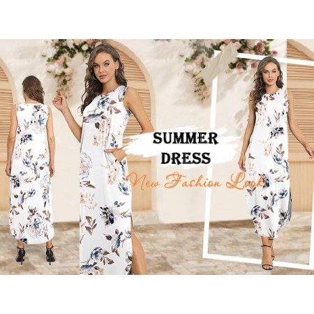 AUSELILY Vestidos Largos Mujer Verano Maxi Sin Mangas Informal Vestido de Playa con Bolsillos