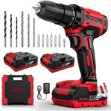 21V Taladro Atornillador a Bateria - Sundpey Taladro Electrico 45Nm con 2 Baterías de 2000mAh, 18+1 Ajustes de Torque, 2