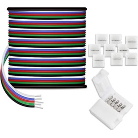 AOTOINK 30M 5x0.32mm² Cable de Extensión LED RGBW, Calibre 22 Cable de 5 Núcleos, 12 V CC 22 AWG con 10 Conectores para Tiras