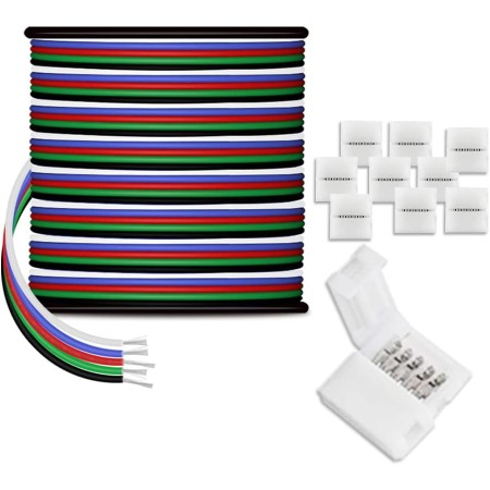 AOTOINK 30M 5x0.32mm² Cable de Extensión LED RGBW, Calibre 22 Cable de 5 Núcleos, 12 V CC 22 AWG con 10 Conectores para Tiras