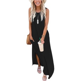 AUSELILY Vestidos Largos Mujer Verano Maxi Sin Mangas Informal Vestido de Playa con Bolsillos