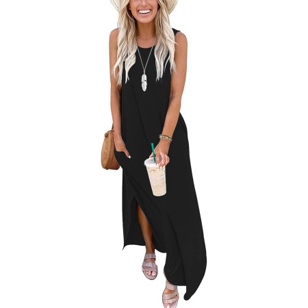 AUSELILY Vestidos Largos Mujer Verano Maxi Sin Mangas Informal Vestido de Playa con Bolsillos