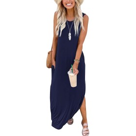 AUSELILY Vestidos Largos Mujer Verano Maxi Sin Mangas Informal Vestido de Playa con Bolsillos