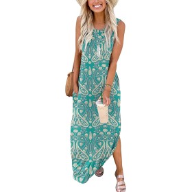 AUSELILY Vestidos Largos Mujer Verano Maxi Sin Mangas Informal Vestido de Playa con Bolsillos