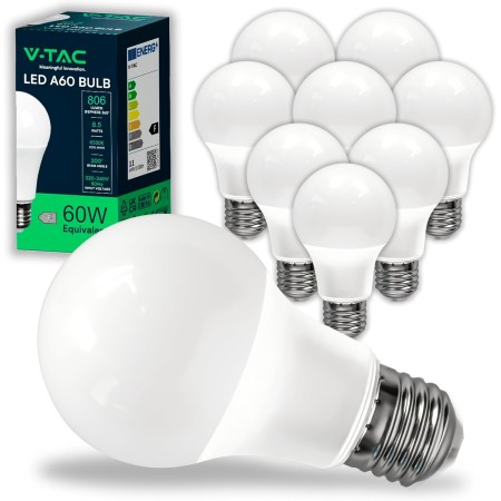 V-TAC 10x Bombillas LED E27, Edison - A60, 8,5W (Equivalente a 60W) - 806 Lumen - 4000K Blanco Neutro - Apertura del Haz de Luz