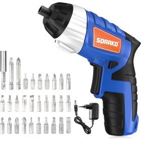 SORAKO 3.6V Destornillador Eléctrico, 6Nm con 30 Accesorios, Luz LED, 2 Direcciones de Rotación, Indicador de Batería y