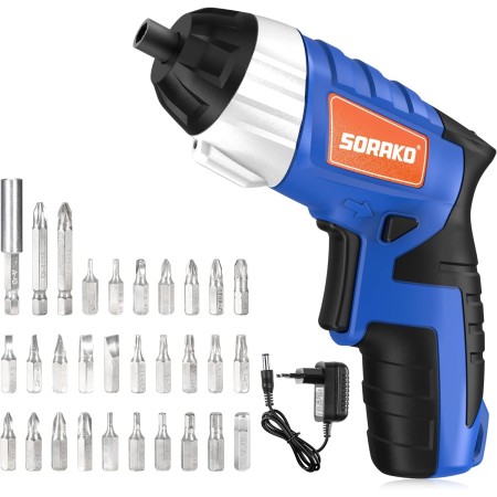 SORAKO 3.6V Destornillador Eléctrico, 6Nm con 30 Accesorios, Luz LED, 2 Direcciones de Rotación, Indicador de Batería y