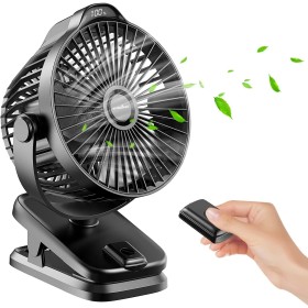 Mini Ventilador de Mesa Pinza USB Portatil, 8000mAh Recargable, 5 Velocidades, Control Remoto,Pantalla LED, Rotación de 360°