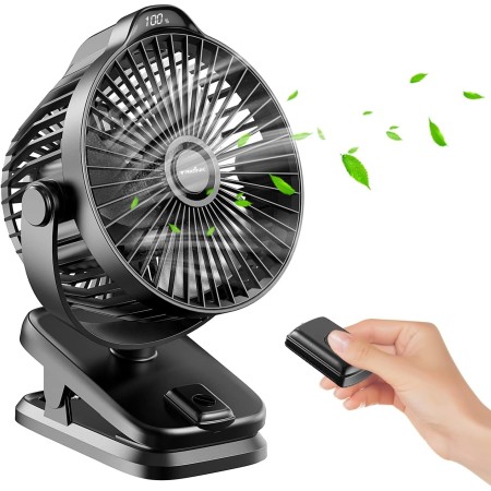 Mini Ventilador de Mesa Pinza USB Portatil, 8000mAh Recargable, 5 Velocidades, Control Remoto,Pantalla LED, Rotación de 360°