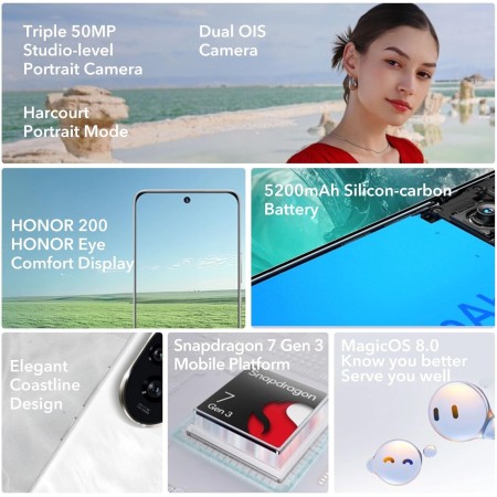 HONOR 200 5G Smartphone 12GB 512GB, 120Hz 6.7" AMOLED, Snapdragon 7 Gen 3, 5200mAh Batería, Triple Cámara 50 MP, Android 14,
