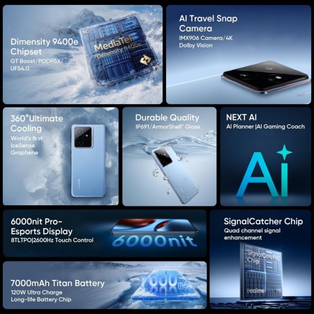 realme GT 7 5G Smartphone 12+512GB,Chip Dimensity 9400e,50MP IMX906 OIS +50MP Cámara,7000mAh Batería Titan,6.78'' 120Hz 6000nits