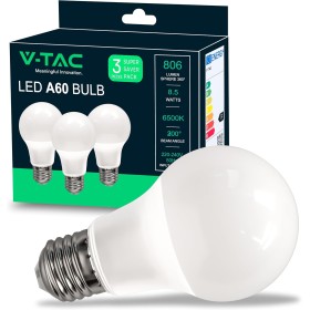 V-TAC 3x Bombillas LED E27 - A60, 8,5W (Equivalente a 60W) - 806 Lumen - 6500K Blanco Frìo - Apertura del Haz de Luz 200° -