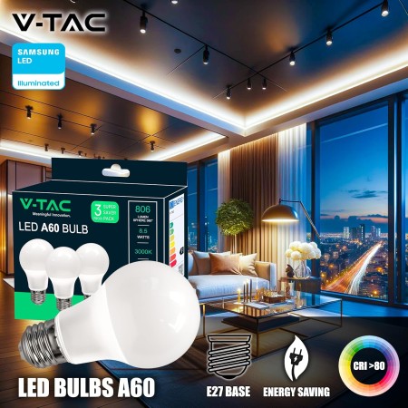 V-TAC 3x Bombillas LED E27 - A60, 8,5W (Equivalente a 60W) - 806 Lumen - 6500K Blanco Frìo - Apertura del Haz de Luz 200° -