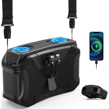 XTTANK Ventilador Camping de Cintura con Batería 20000mAh, Doble Ventilación, 5 Velocidades, Funda de Silicona, Acero al