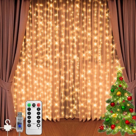 Jsdoin Luces de cortina, 3 x 3 m, 300 luces LED con 8 modos de control remoto, temporizador ajustable, brillo ajustable, cortina