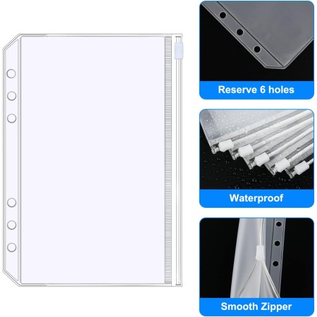 Vicloon Plástico Bolsas de Hojas Sueltas, 10Pcs Carpeta Transparente con Cremallera A5, con 2pcs Etiquetas Adhesivas, Bolsas de