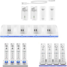 Estación de Carga de Controlador de Wii, Base de Cargador de Controlador 4 en 1 con 4 Piezas de Batería Recargable de 2800 mAh