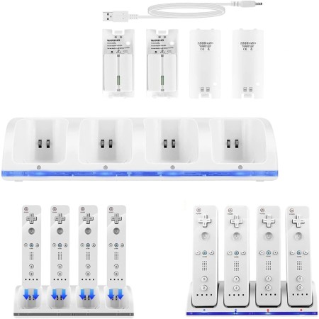 Estación de Carga de Controlador de Wii, Base de Cargador de Controlador 4 en 1 con 4 Piezas de Batería Recargable de 2800 mAh