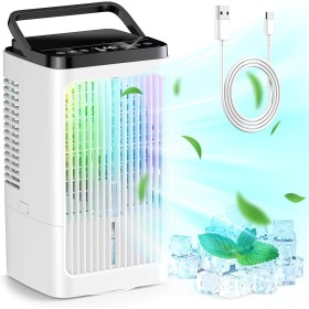 Aire acondicionado portátil, ventilador de 1500 ml, 4 velocidades, iluminación LED de 7 colores, 2 funciones de pulverización y