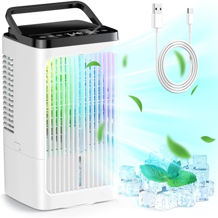 Aire acondicionado portátil, ventilador de 1500 ml, 4 velocidades, iluminación LED de 7 colores, 2 funciones de pulverización y