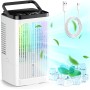 Aire acondicionado portátil, ventilador de 1500 ml, 4 velocidades, iluminación LED de 7 colores, 2 funciones de pulverización y