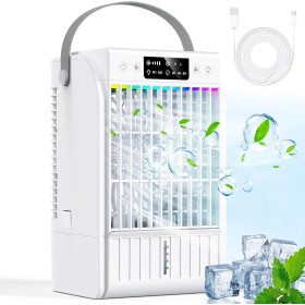 Aire Acondicionado Portatil,enfriador de aire con tanque de agua de 1700ml,4 vientos,2 Funciones de pulverización,7 LED de