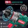 HYCHIKA Taladro atornillador batería, motor sin escobillas, 45Nm Máx, con 23+1 de par de giro, 2 velocidades, 1500mAh 53