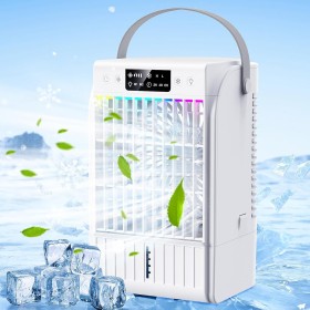 Aire acondicionado portátil, ventilador de 1700 ml, 4 vientos,2 Funciones de pulverización,7 LED de color,USB-C,Cronómetro